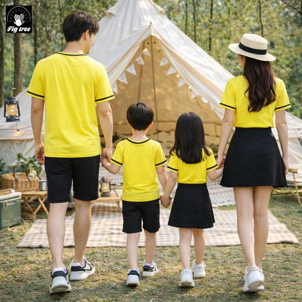 Áo Thun Gia Đình FIGTREE Màu Vàng Viền In Hình BE HAPPY Siêu Dễ Thương, Thun Cotton Dày Dặn, mềm Mát