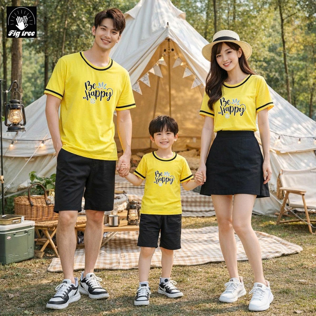 Áo Thun Gia Đình FIGTREE Màu Vàng Viền In Hình BE HAPPY Siêu Dễ Thương, Thun Cotton Dày Dặn, mềm Mát