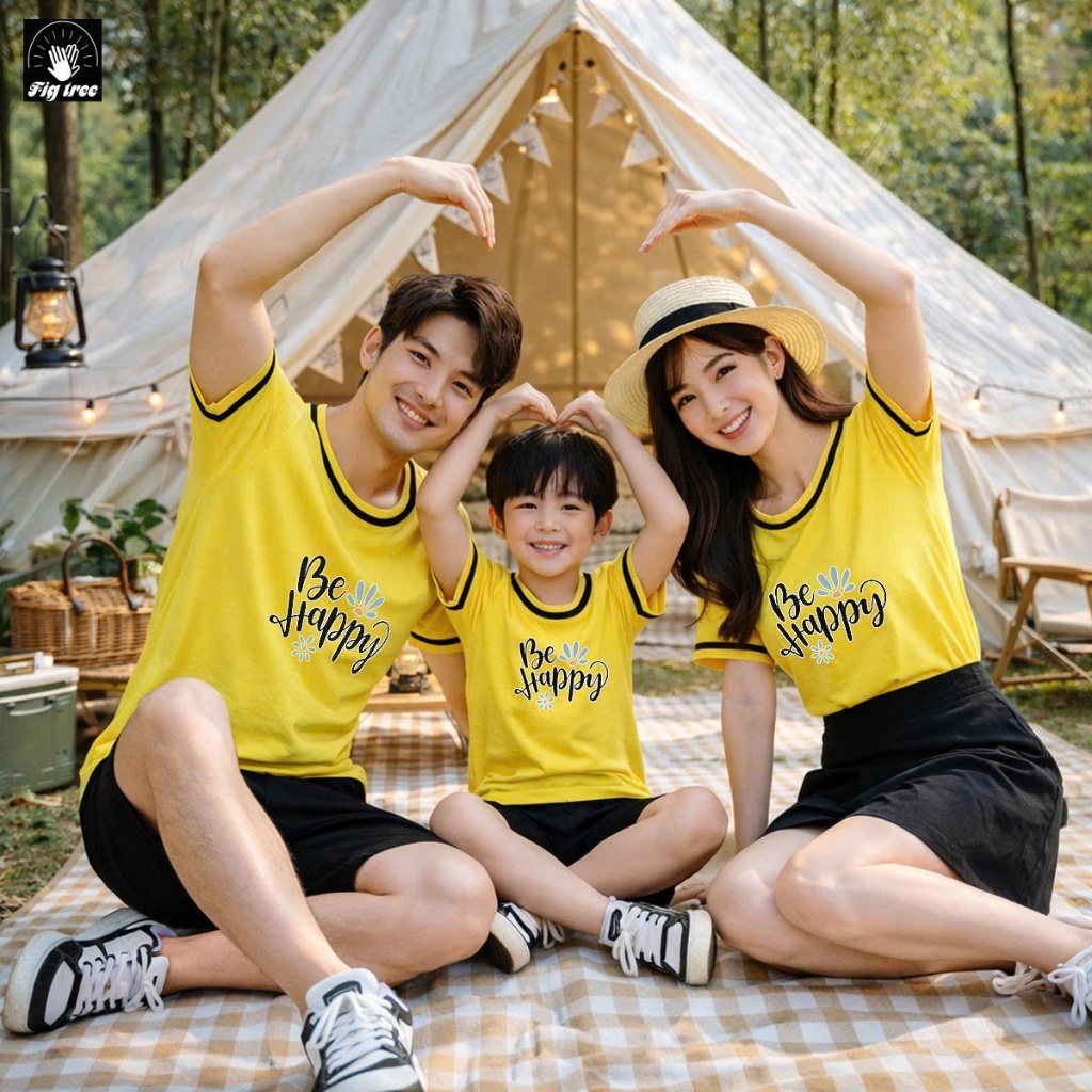 Áo Thun Gia Đình FIGTREE Màu Vàng Viền In Hình BE HAPPY Siêu Dễ Thương, Thun Cotton Dày Dặn, mềm Mát