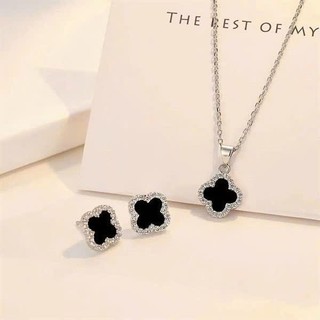 Set Van 2 chi  tiết dây chuyền và bông tai cỏ 4 lá đen sang trọng dây chuyền Titan nữ không gỉ đính đá kèm hộp đựng