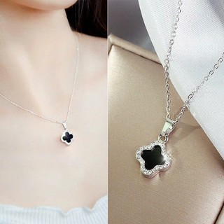 Set Van 2 chi  tiết dây chuyền và bông tai cỏ 4 lá đen sang trọng dây chuyền Titan nữ không gỉ đính đá kèm hộp đựng
