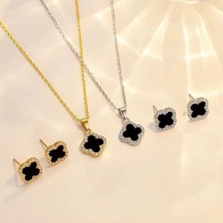 Set Van 2 chi  tiết dây chuyền và bông tai cỏ 4 lá đen sang trọng dây chuyền Titan nữ không gỉ đính đá kèm hộp đựng
