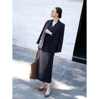 Set 4 chi tiết lẻ Blazer, chân váy, gile và quần kẻ sọc HAGOO công sở [B8075-Q737-CV743-A8075]