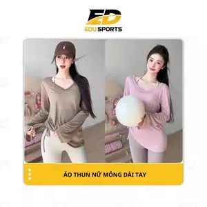 Áo thun NỮ thể thao dài tay phối ren gợi cảm xếp li dây rút hông dáng rộng thoáng khí yoga gym QWD03