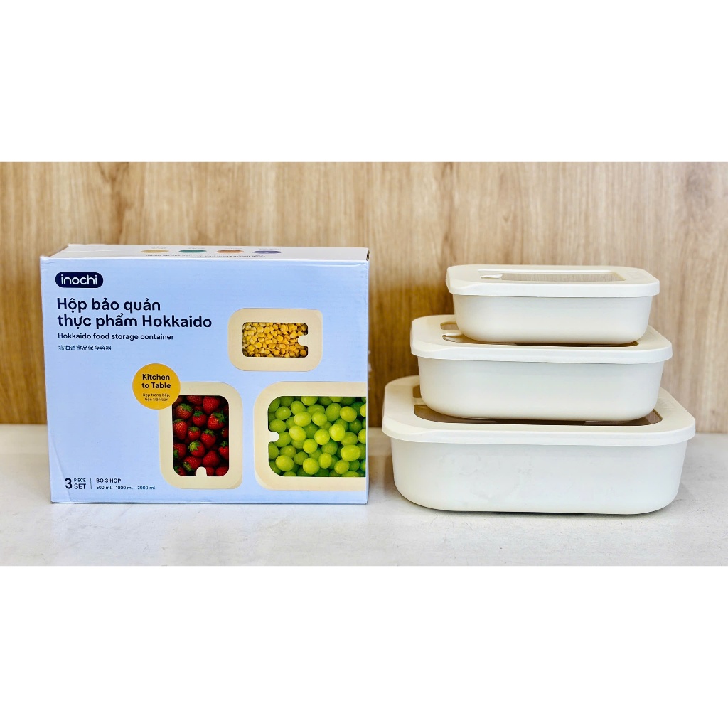 Bộ 3 hộp bảo quản thực phẩm INOCHI size 500-1000-2000ml, nhựa PP an toàn