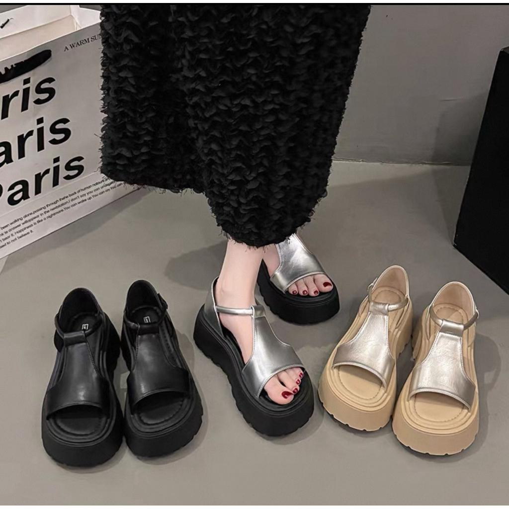 Giày sandal cao 7cm đế xuồng hở mũi kiểu dáng mùa hè mới, đế mềm