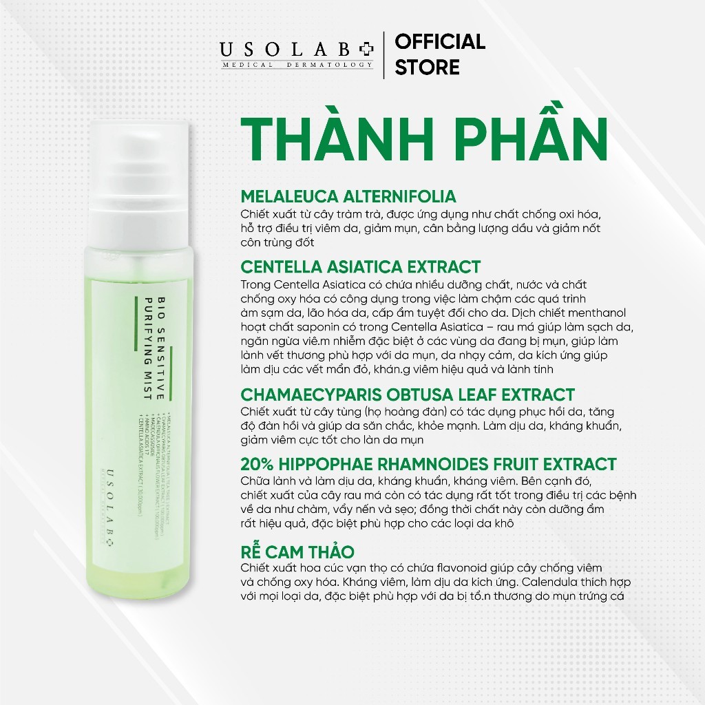 Xịt khoáng da dầu mụn USOLAB - Purifying Mist 150ml Giúp phục hồi da, thu nhỏ lỗ chân lông và chống lão hóa