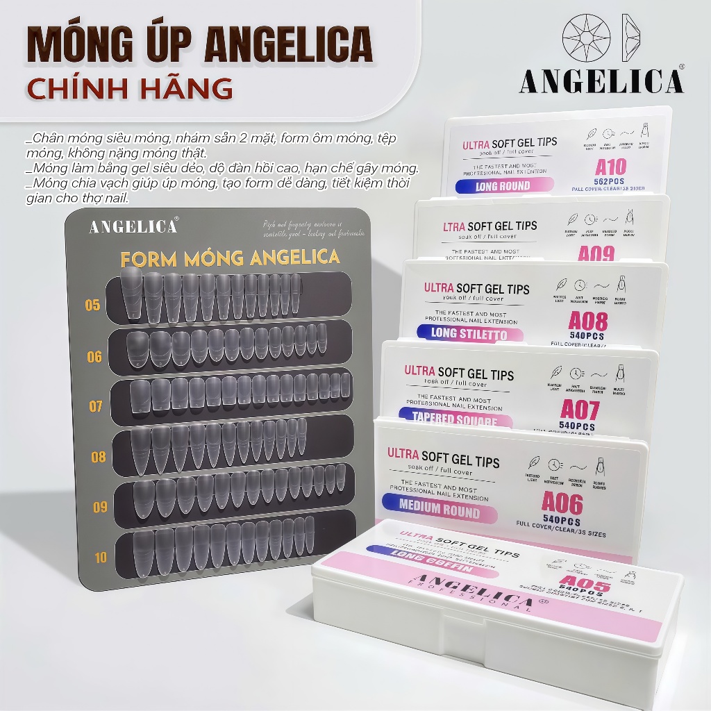 Móng Up ANGELICA Chính Hãng Cao Cấp , Đủ Các Form Hộp 540 -552 Móng 12 Size Siêu Dẻo Ôm Form Móng.