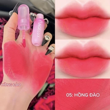 Son màu hồng đào, son hồng phấn,Son Tint Lì Angelux 05 Hồng Đào – Son Kem Mịn Môi, Lên Màu Chuẩn, Lâu Trôi