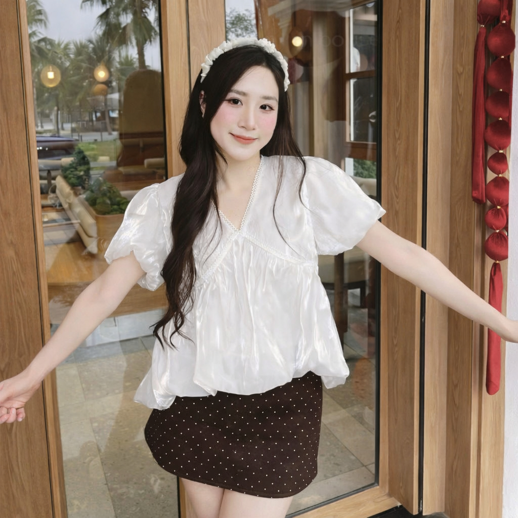 Áo babydoll vải tơ óng cổ tim phối tay phồng tiểu thư TAM A86