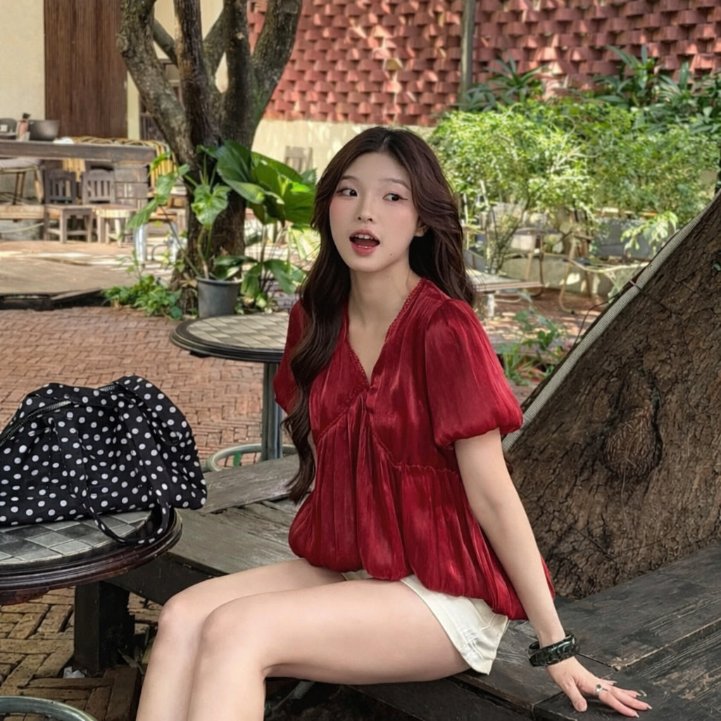 Áo babydoll vải tơ óng cổ tim phối tay phồng tiểu thư TAM A86