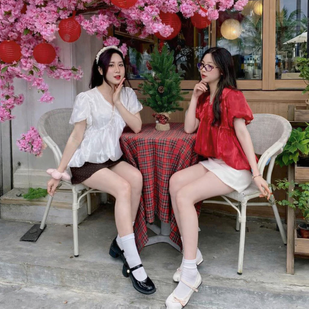 Áo babydoll vải tơ óng cổ tim phối tay phồng tiểu thư TAM A86