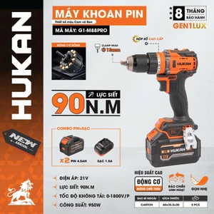 Bộ máy khoan HUKAN G1-M88PRO, Lực Siết 90Nm, Đầu 13mm - 2pin 15cell - 3 chức năng - Không Chổi Than