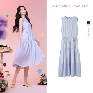 [THANH THỦY x YODY] Váy midi cổ tròn YODY nhúng tầng dáng dài rút eo vintage chất Chiffon Naia WCDR26S088