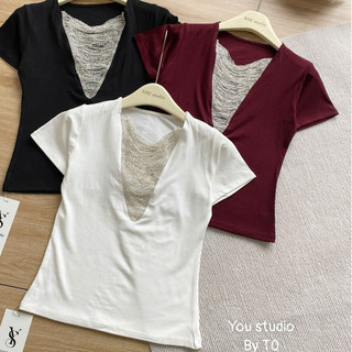Áo Cườm đá Zip Cổ V Chât Mềm Ôm Body