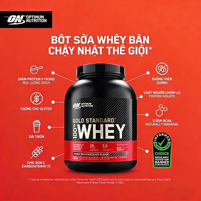 ON Gold Standard Whey 5lbs Sô cô la hỗ trợ tăng cơ phục hồi sau tập gym 2.27kg chính hãng