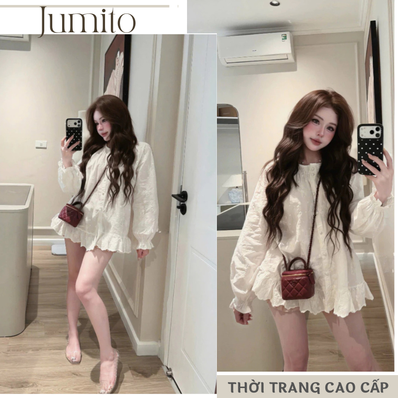 Áo kiểu nữ trắng tay dài, áo sơ mi nữ form babydoll nữ tính dễ phối đồ JUMITO HCOM27057