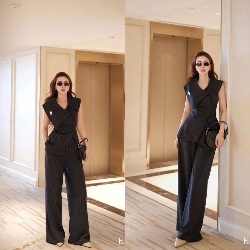 ZIMM STORE-Set bộ Blazer sát nách kẻ sọc phối quần tây suông rộng