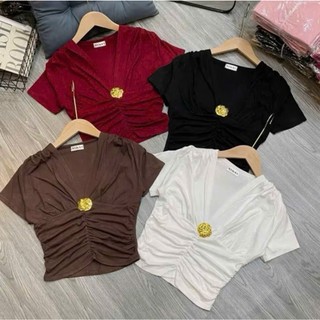 Áo croptop nhún ngực Cổ V Thiết Kế đính hoa Sang Chảnh