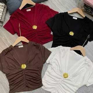 Áo croptop nhún ngực Cổ V Thiết Kế đính hoa Sang Chảnh