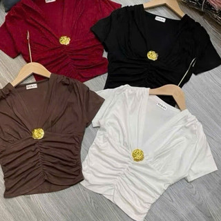 Áo croptop nhún ngực Cổ V Thiết Kế đính hoa Sang Chảnh