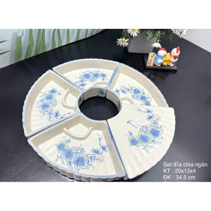 Bộ đĩa khay tròn ngũ sắc có chân đế/Gốm Nhật