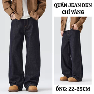 Quần Jean Nam Đen ống Suông Chỉ Vàng FABUMAN cạp cao chất Jean mềm đứng form dáng suông Rộng