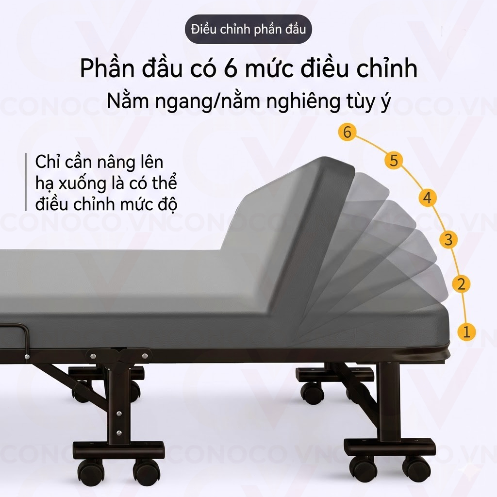 CONOCO Giường Gấp Văn Phòng Nệm Da Gấp 4 Có Bánh Xe Đầu Giường Chỉnh 6 Nấc Khung Thép Chịu Lực 300kg