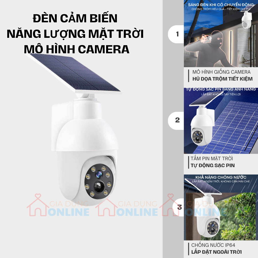 (KHÔNG PHẢI CAMERA) Đèn cảm biến mô hình camera xoay dọa trộm có cảm biến bật đèn khi phát hiện chuyển động dùng tấm pin