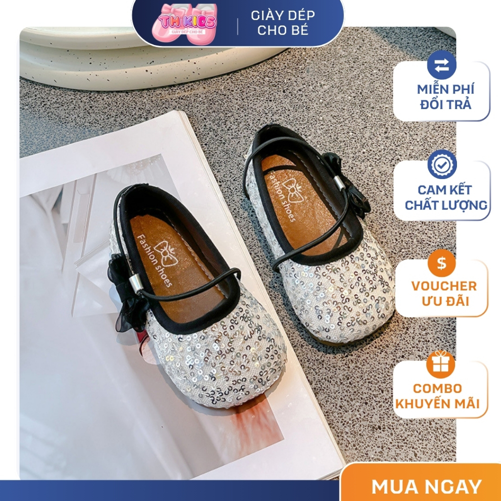 [M018] Giày Búp Bê Bé Gái Đính Kim Sa Lấp Lánh Phối Nơ Quai Dán Tiện Lợi, Giày Công Chúa Đế Cao Su Nhẹ Êm Chân TH Kids