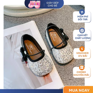 Giày Búp Bê Bé Gái Đính Kim Sa Lấp Lánh Phối Nơ Quai Dán Tiện Lợi, Giày Công Chúa Đế Cao Su Nhẹ Êm Chân TH Kids