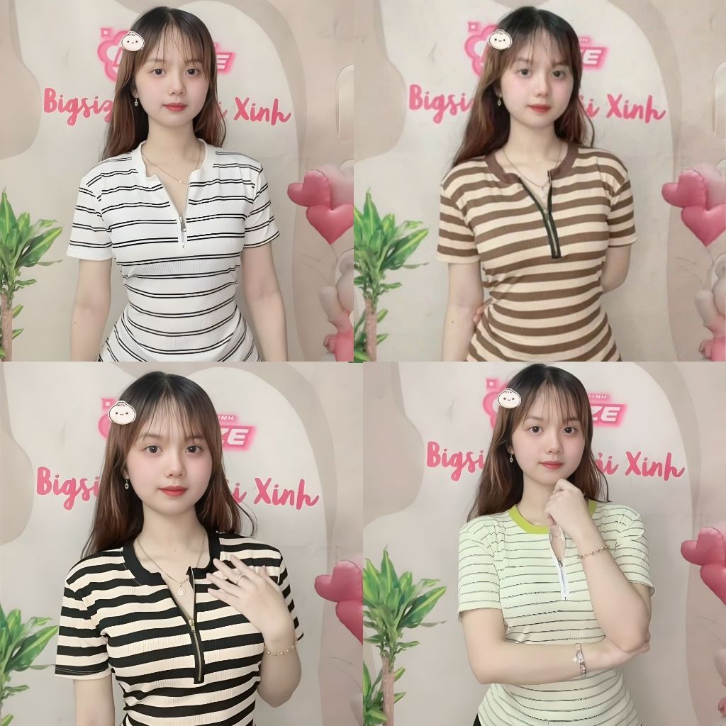 Áo Thun Nữ Cổ Tròn Kẻ Sọc Có Khóa Kéo – Thun Gân Tăm Co Giãn, Freesize 50–90kg | BS083- Em Xinh Bigsize