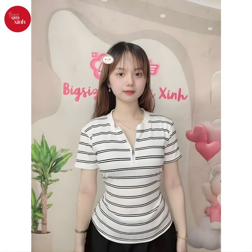 Áo Thun Nữ Cổ Tròn Kẻ Sọc Có Khóa Kéo – Thun Gân Tăm Co Giãn, Freesize 50–90kg | BS083- Em Xinh Bigsize