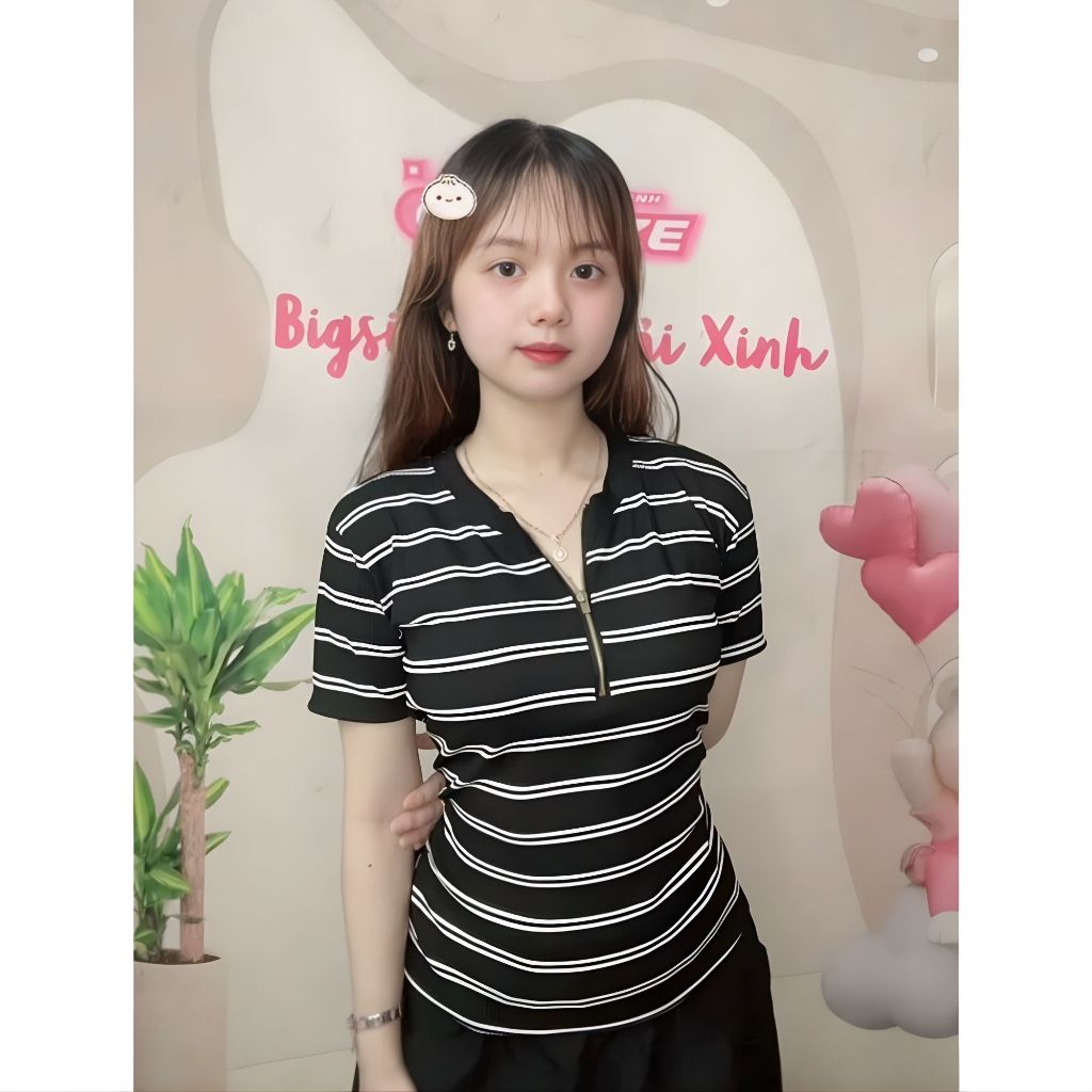 Áo Thun Nữ Cổ Tròn Kẻ Sọc Có Khóa Kéo – Thun Gân Tăm Co Giãn, Freesize 50–90kg | BS083- Em Xinh Bigsize