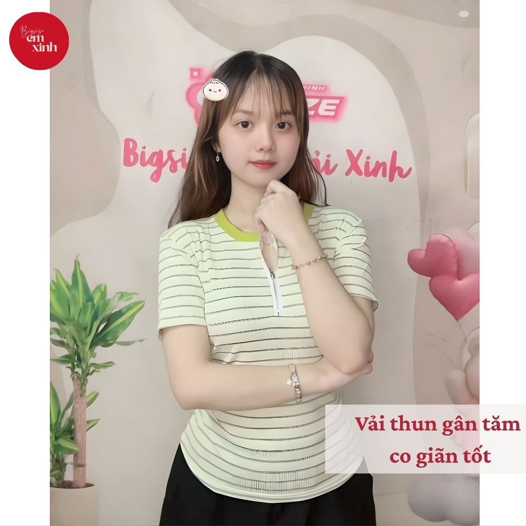Áo Thun Nữ Cổ Tròn Kẻ Sọc Có Khóa Kéo – Thun Gân Tăm Co Giãn, Freesize 50–90kg | BS083- Em Xinh Bigsize