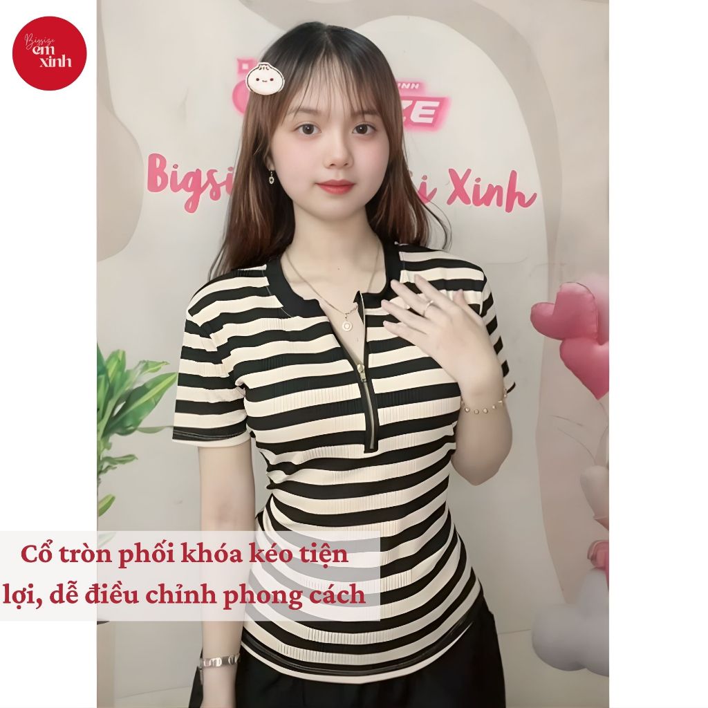 Áo Thun Nữ Cổ Tròn Kẻ Sọc Có Khóa Kéo – Thun Gân Tăm Co Giãn, Freesize 50–90kg | BS083- Em Xinh Bigsize