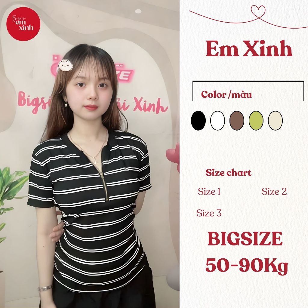 Áo Thun Nữ Cổ Tròn Kẻ Sọc Có Khóa Kéo – Thun Gân Tăm Co Giãn, Freesize 50–90kg | BS083- Em Xinh Bigsize