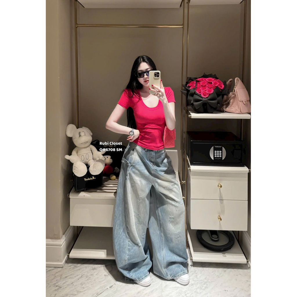 Quần jeans suông mài rách đai hông