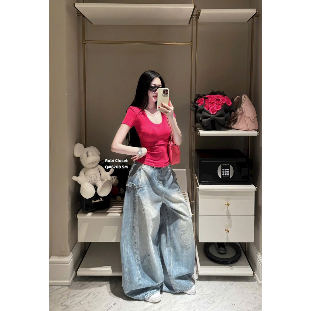Quần jeans suông mài rách đai hông