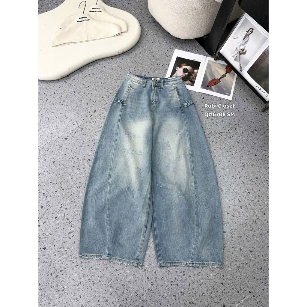 Quần jeans suông mài rách đai hông