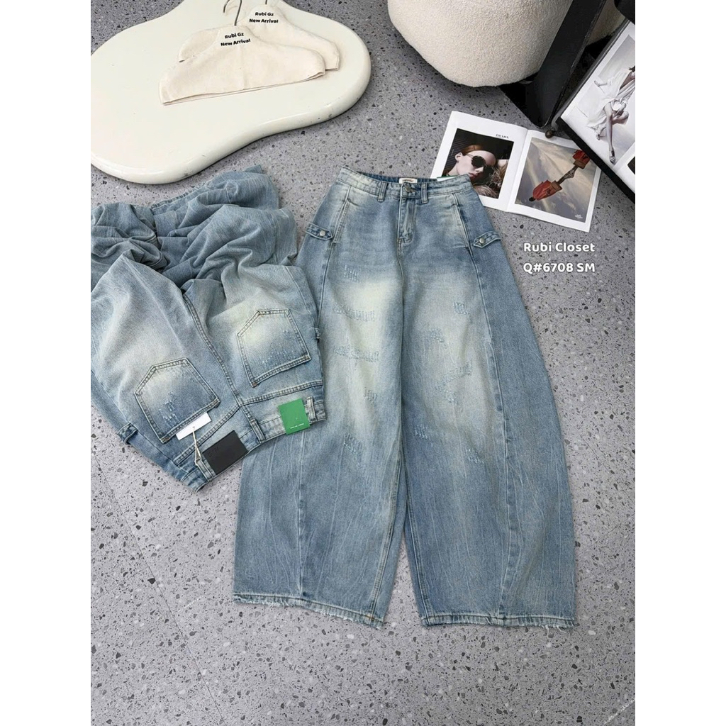 Quần jeans suông mài rách đai hông