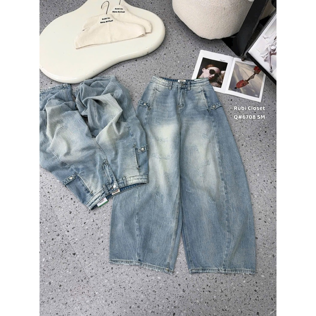 Quần jeans suông mài rách đai hông