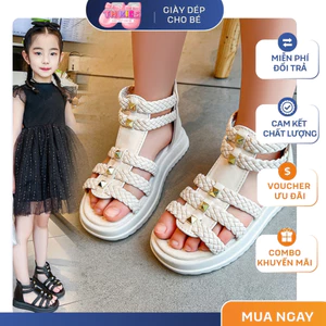 Sandal Chiến Binh Bé Gái Cổ Cao Đính Đá Sang Chảnh, Giày Sandal Quai Tết Cách Điệu Đế Mềm Chống Trơn Trượt