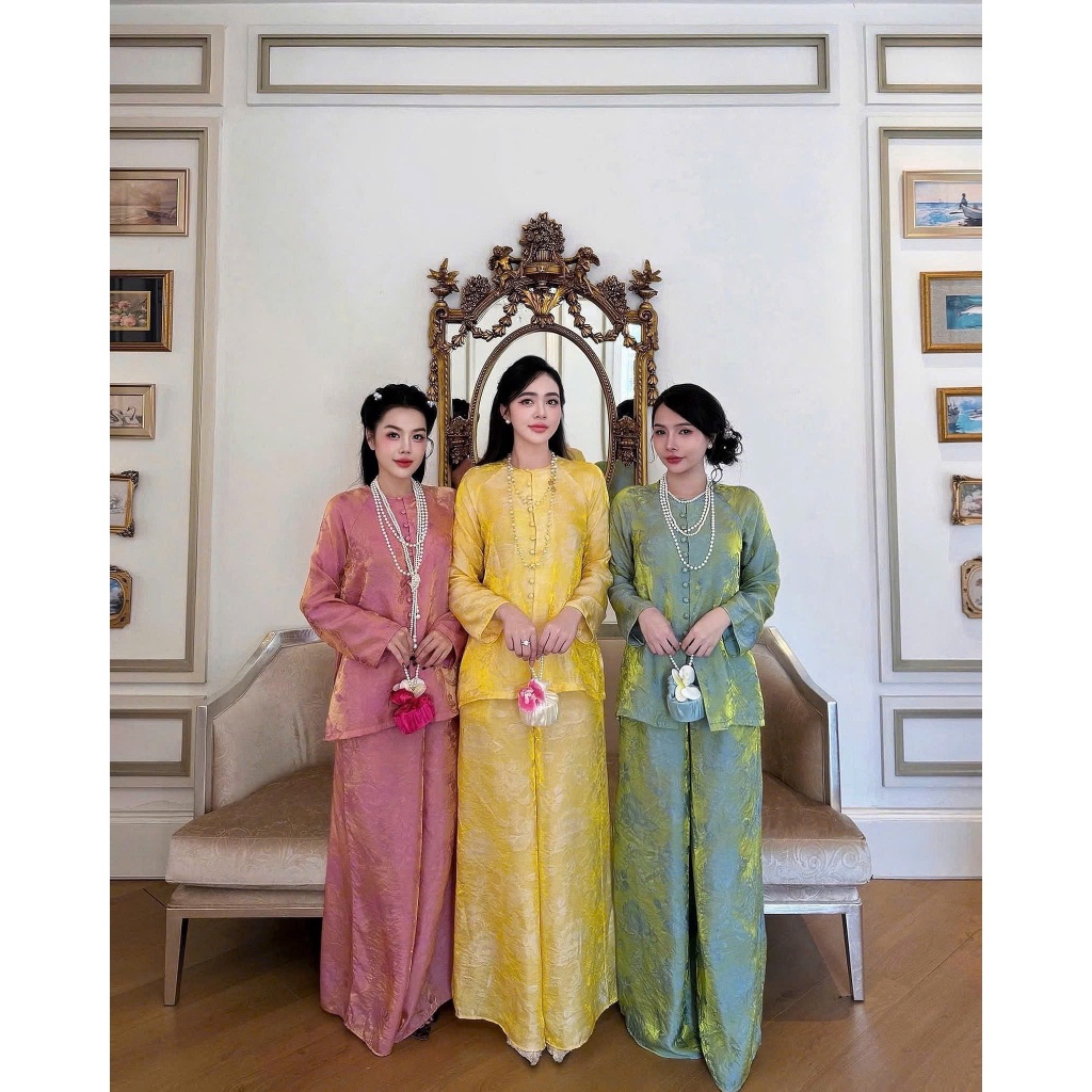 sẵn set áo bà ba gấm lụa  tencel ánh kim cao cấp bigsize sẵn ship