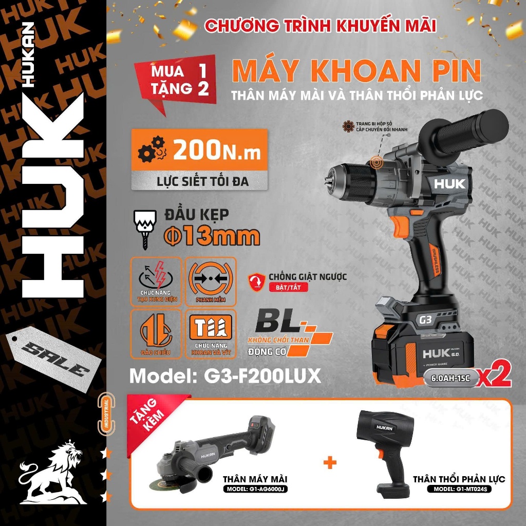 Máy khoan pin GEN3 HUKAN G3-F200LUX, Lực siết khủng 200Nm, Anti_kickback - Tạo xung - Phanh mềm