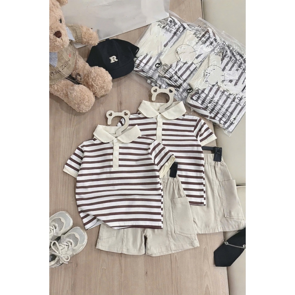 Bộ quần áo Polo cộc tay họa tiết kẻ hàn chất áo cotton mềm mịn,thoáng mát phối quần kaki cho bé đi học ,đi chơi size 9-2