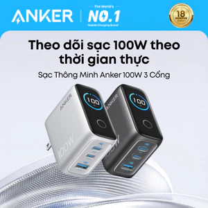 Củ sạc nhanh Anker B121B 100W 3 cổng 2C1A, thiết kế chân gập nhỏ gọn, tích hợp màn hình thông minh, tương thích iPhone
