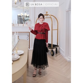 Set Áo Đỏ Đô Peplum Phối Cape, Chân Váy Lưới Đen Dài Sang Chảnh La Rosa Set Dự Tiệc, Gặp Gỡ Sang Trọng A1063+CV1059