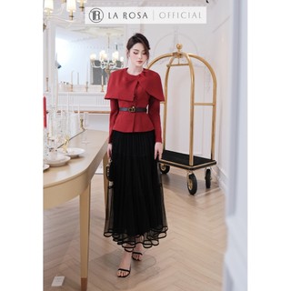 Set Áo Đỏ Đô Peplum Phối Cape, Chân Váy Lưới Đen Dài Sang Chảnh La Rosa Set Dự Tiệc, Gặp Gỡ Sang Trọng A1063+CV1059