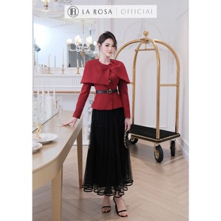 Set Áo Đỏ Đô Peplum Phối Cape, Chân Váy Lưới Đen Dài Sang Chảnh La Rosa Set Dự Tiệc, Gặp Gỡ Sang Trọng A1063+CV1059